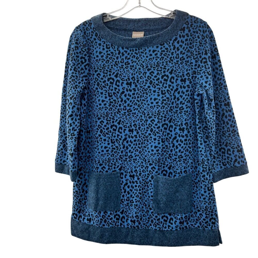 Chico's Women's Animal Print Pullover Sweater 3/4 Sleeve Blue Size Small Pockets